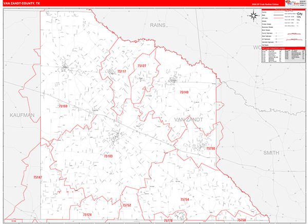 Van Zandt County, TX Zip Code Map